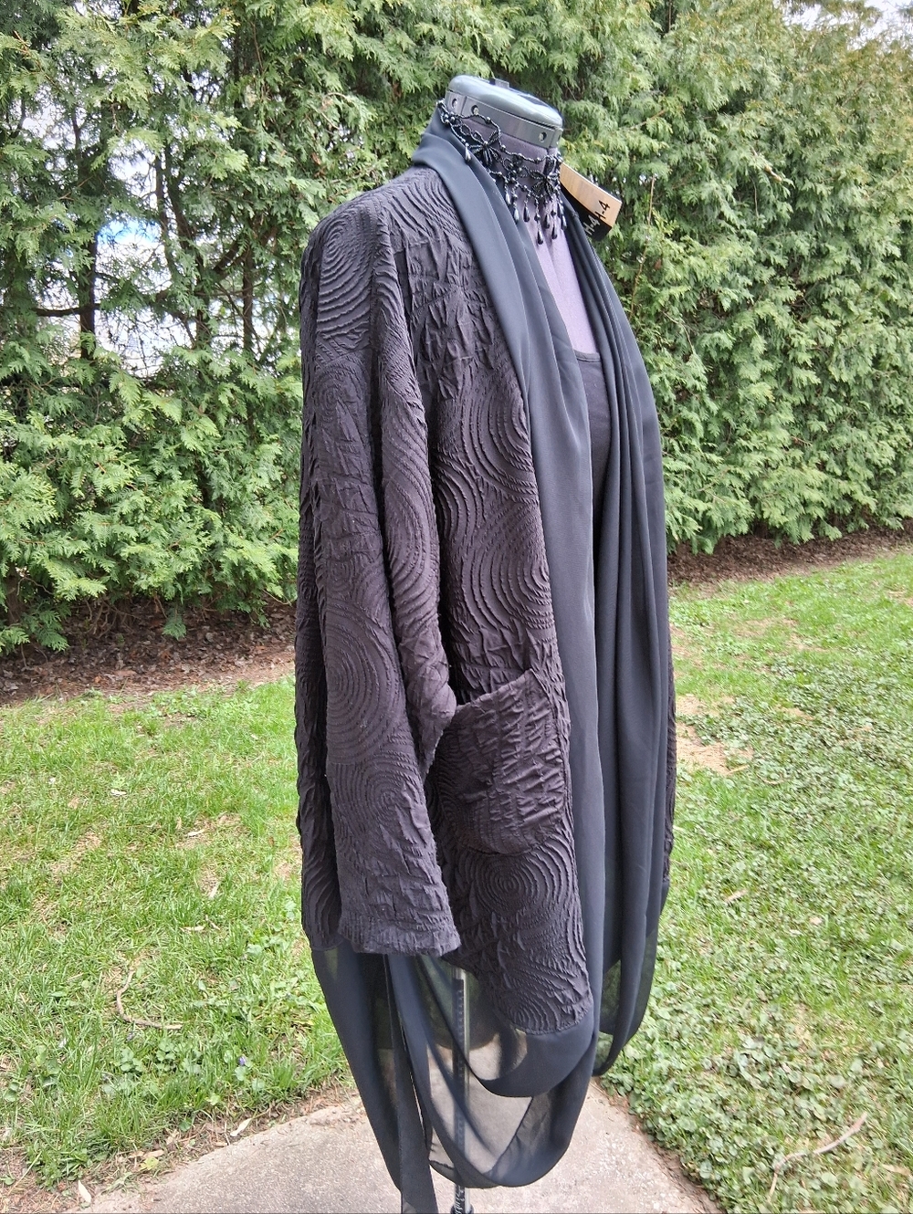 Black Textured Open-front Jacket chiffon trim with draped design Gorgeous XL + - Picture 14 of 14